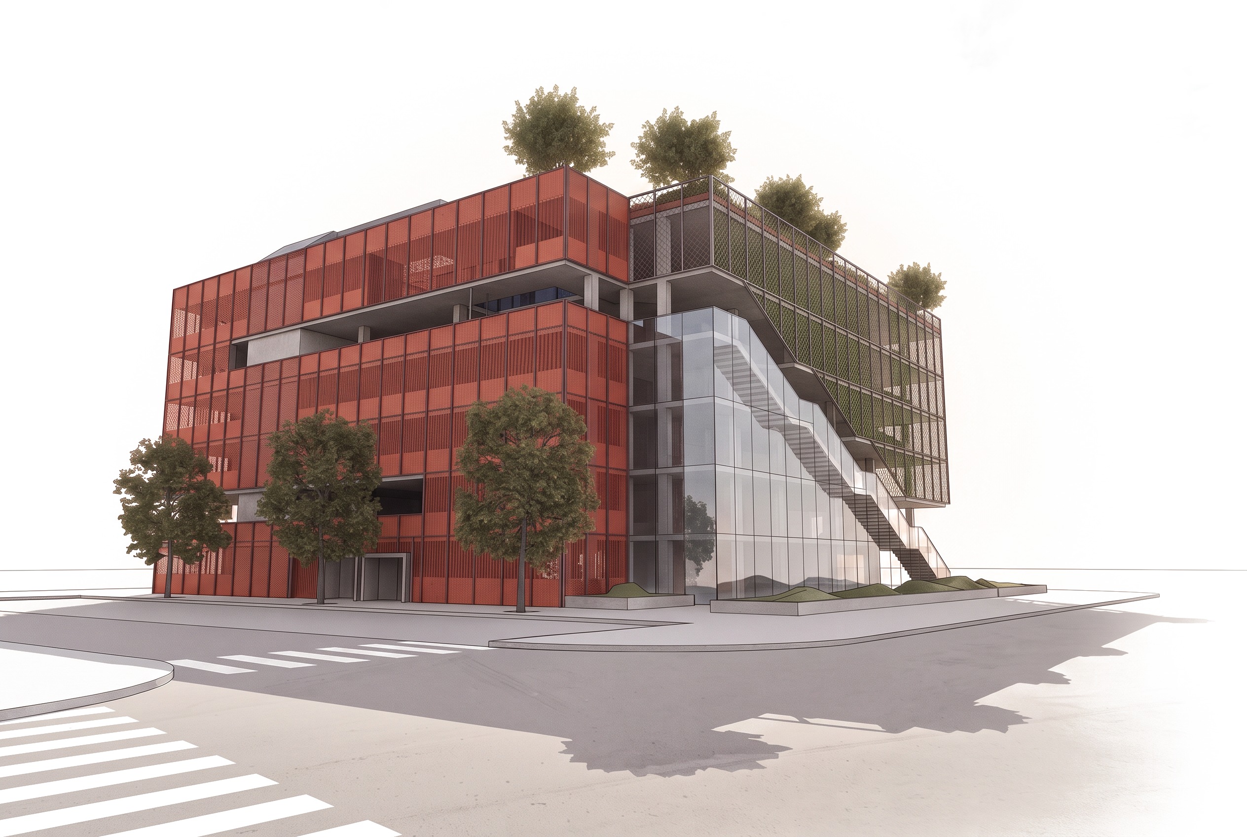 Illustration of a parking garage with a terracotta-red perforated facade, glazed corner, diagonal staircase and rooftop trees on a warm ivory ground